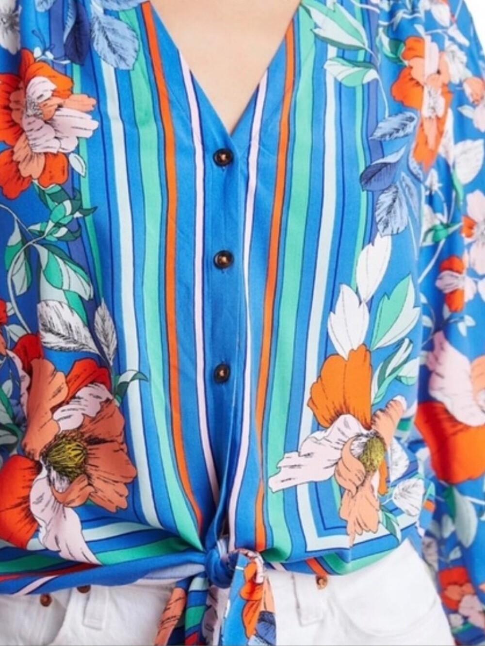 ANTHROPOLOGIE MAEVE Elan Scarf Print Blue Floral Tie-Front Blouse Size 14 - Picture 4 of 13